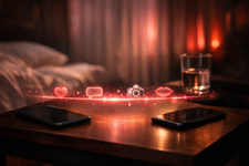 Smartphones on a bedside table connected by a glowing pink light with floating icons, symbolizing sexting online and modern sext chat with Sexting Finder