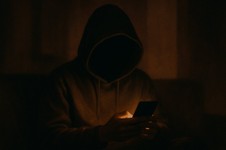 Person chatting anonymously on a laptop in a dimly lit room with chat bubbles on screen