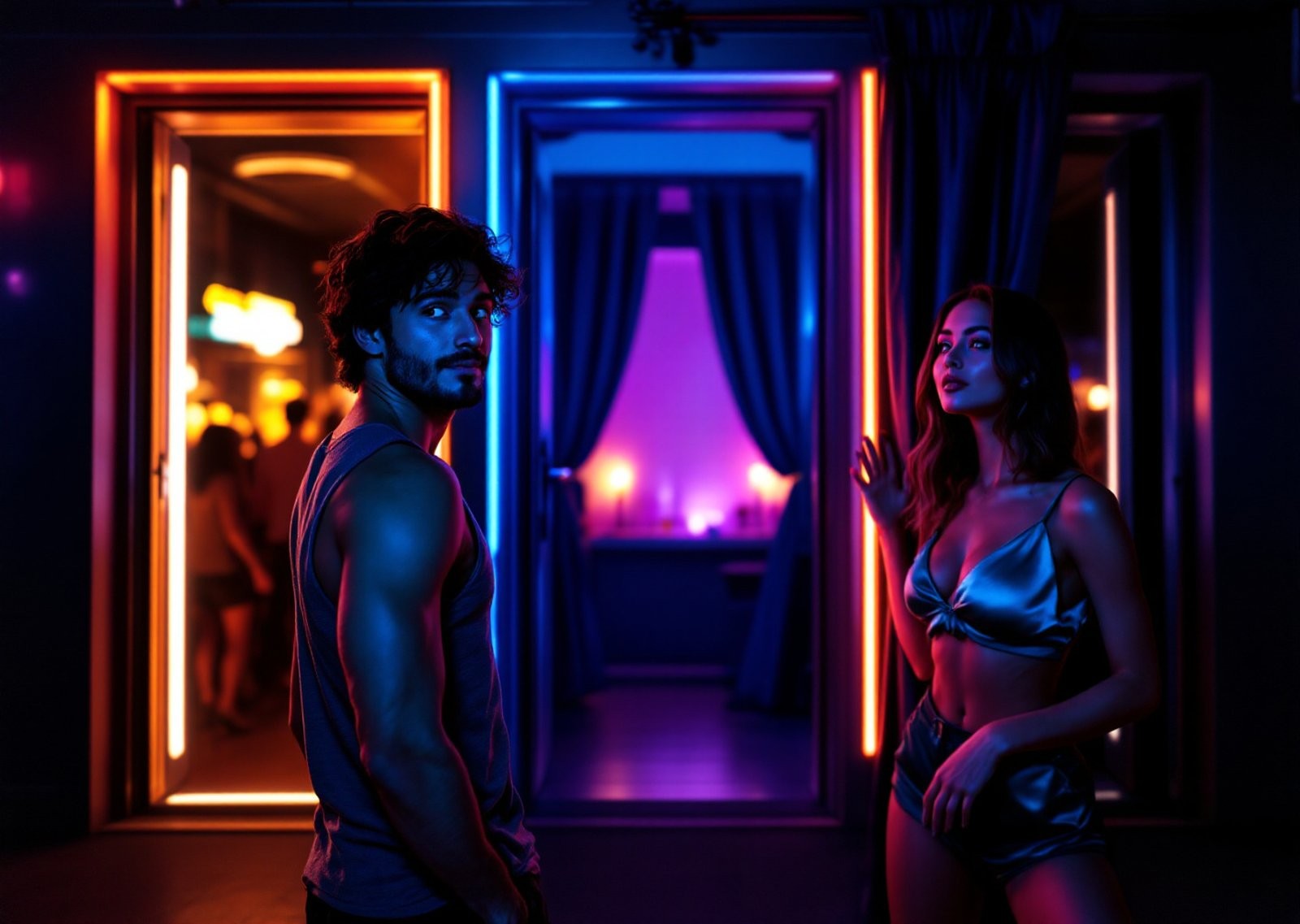 Silhouette on a rooftop lounge at dusk holding a glowing phone, teal and purple city light with copper accents