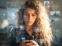 Person comparing AI chat and human interaction on messaging platforms, engaging with AI chatbots, AI companions, and AI girlfriends.