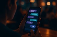 Silhouette of hands holding a smartphone, showing active chat bubbles and typing indicators in a lively cafe.