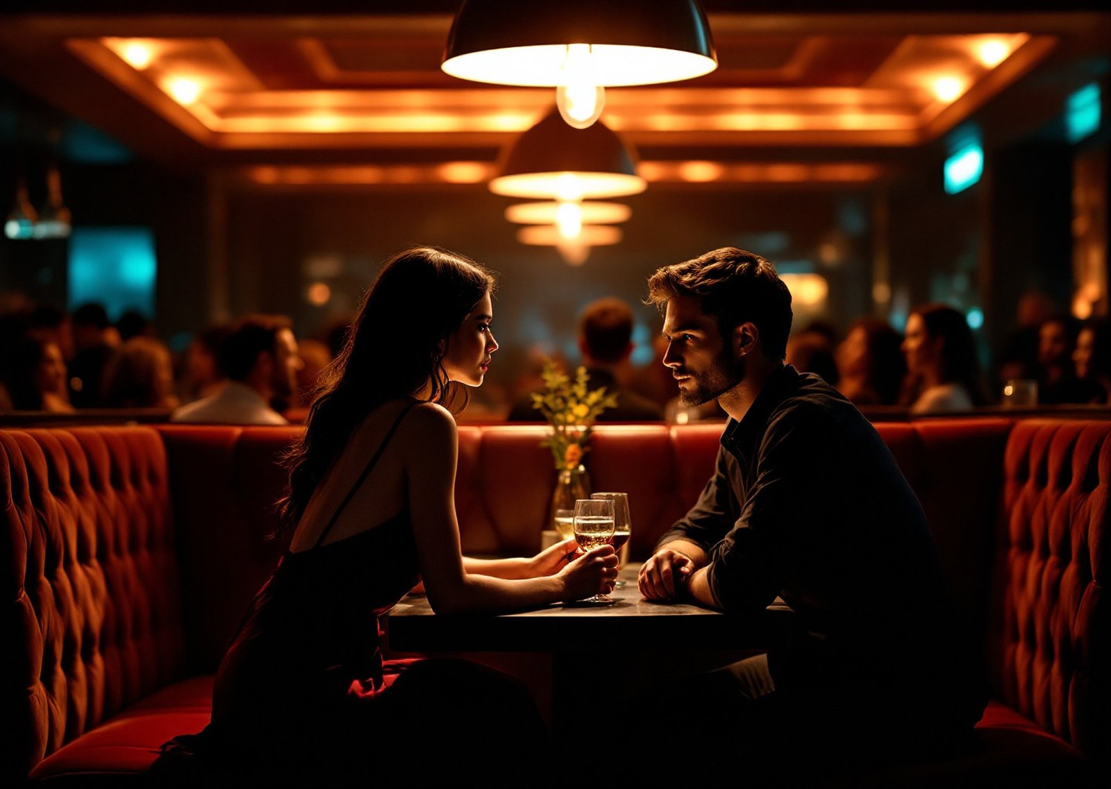 Hands holding a phone with warm purple and teal light reflecting off the screen in a dark lounge setting