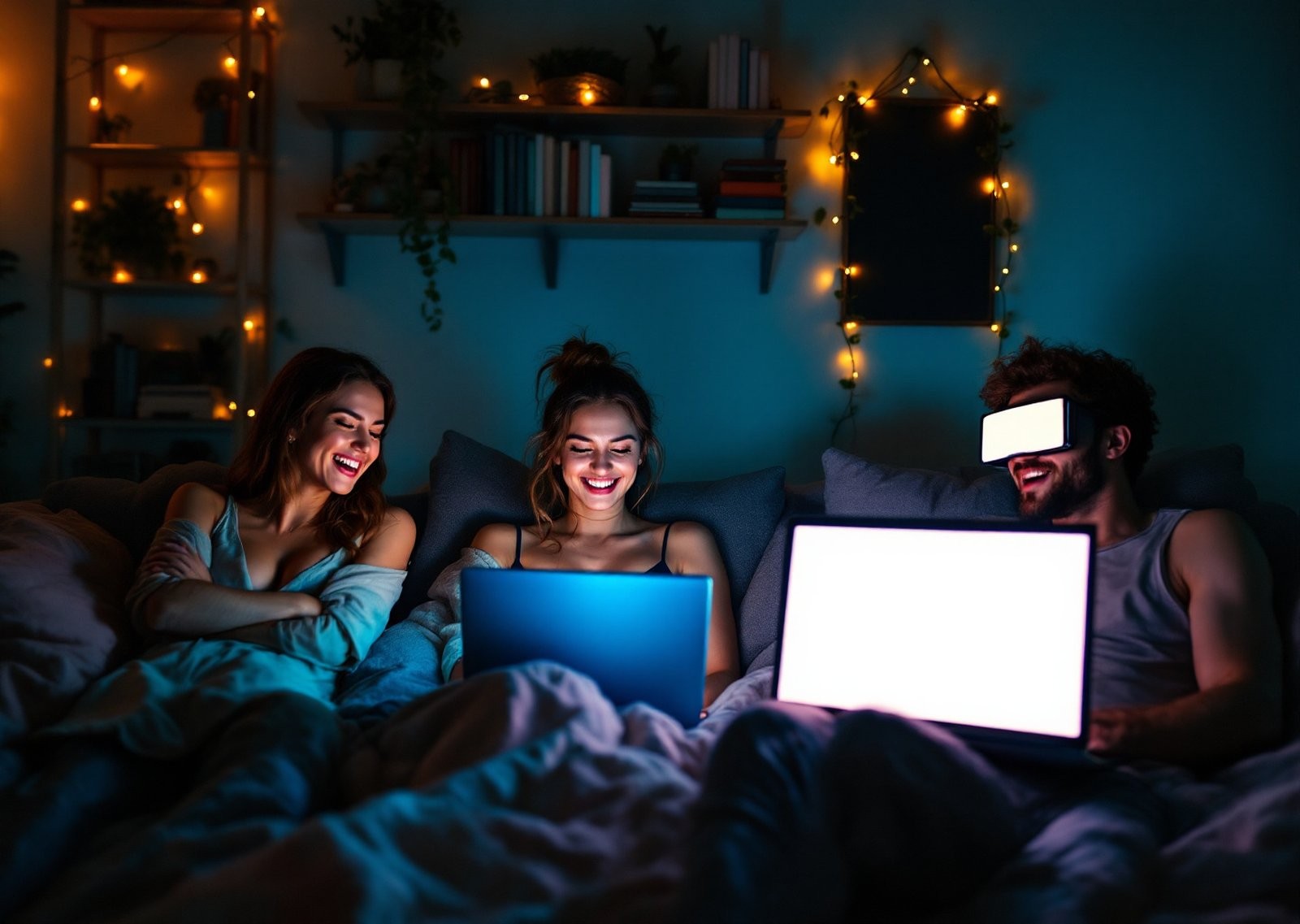 Hands holding a smartphone with warm teal and copper light reflecting off the screen in a dim room